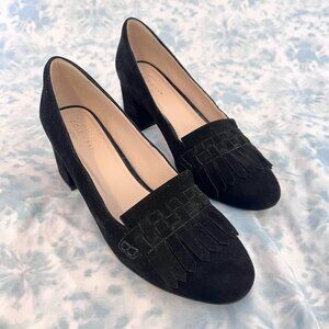 EUC Cole Haan Grand.ØS Signature Suede Kilt Fringe Pumps, Women's Size 7, Black